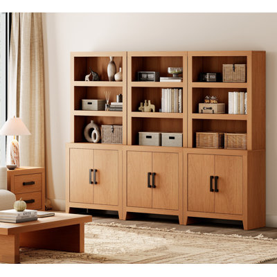 74" Tall Bookshelf With Door, Farmhouse Bookcase With Adjustable Shelf And Storage Cabinet, Library Wooden Bookshelf For Living Room, Office