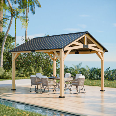 13 Ft. W X 11 Ft. D Outdoor Patio Wood Gazebo, Hardtop Gazebo with Sloping Steel Roof, Wood Frame Gazebo