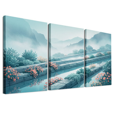 Ensemble de 3 toiles murales représentant des voies navigables en terrasses d'un bleu brumeux ornées de fleurs de corail
