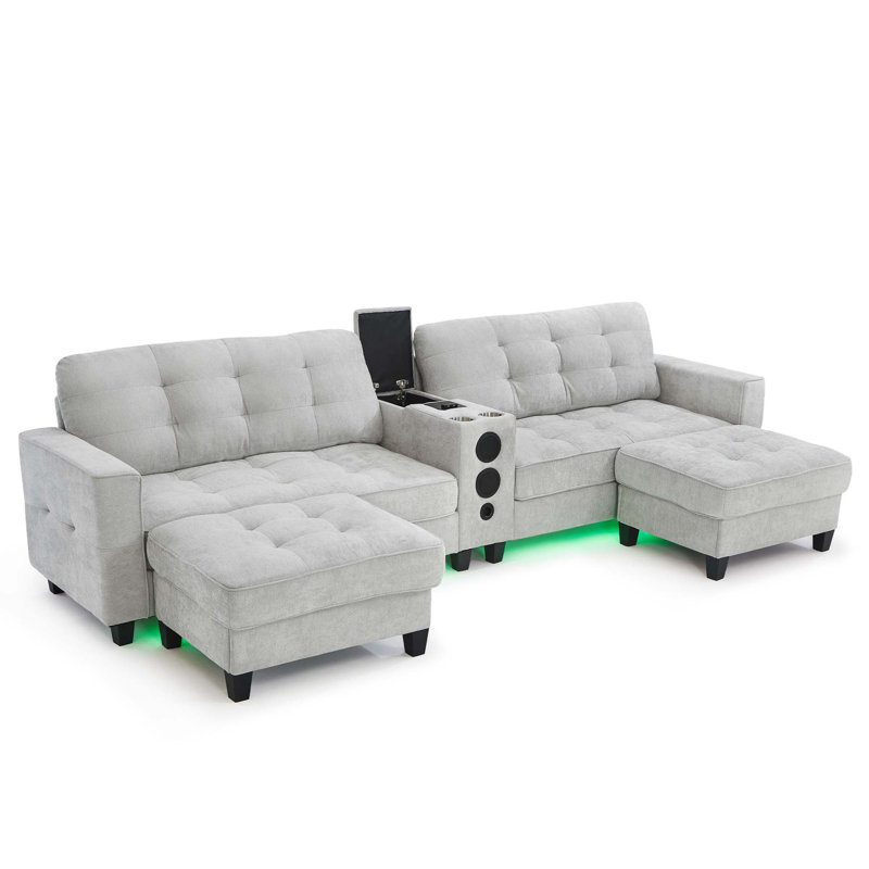 Modern Sectional Sofa with Multi-Functional Console and Bluetooth Speakers, Light Gray