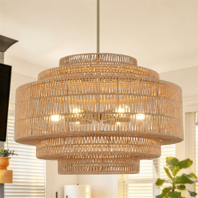 Lustre de style bord de mer à 6 lumières en rotin tissé à la main de 25,6 po de style bohème à 5 niveaux pour salle à manger