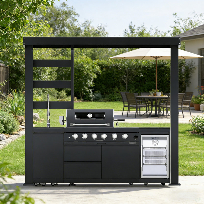 97-Inch 4-Burner 72000 BTU Deluxe Stainless Steel Gas Outdoor Kitchen Bar Barbecue Island Grill + Wine Cooler Compact Refrigerator + Rotisserie + Countertops + Storage Cabinets & Drawers