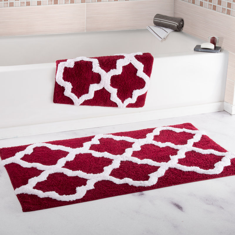 Lavish Home 2 Piece Bathroom Rug Set - 41x24.5 Inch and 34x21 Inch 100% Cotton Bath Mats with Textured Trellis Print for Elegant Bathroom Decor - Bath Rugs Non Slip Washable Bathmats