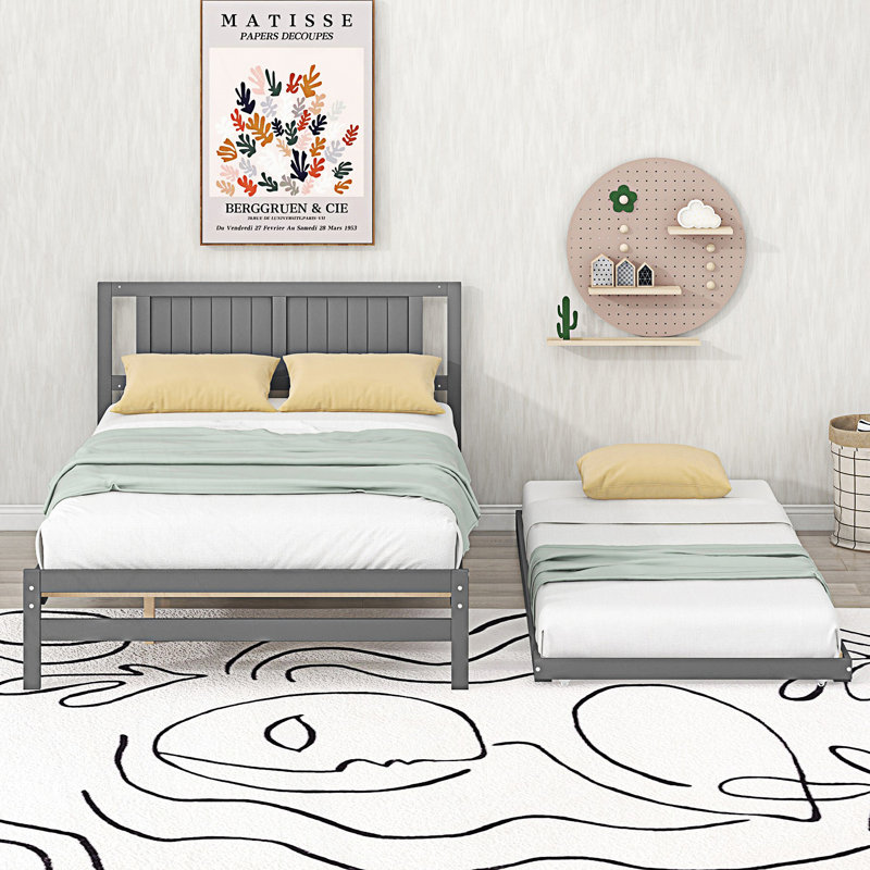 Lit plateforme double avec lit gigogne réglable, gris