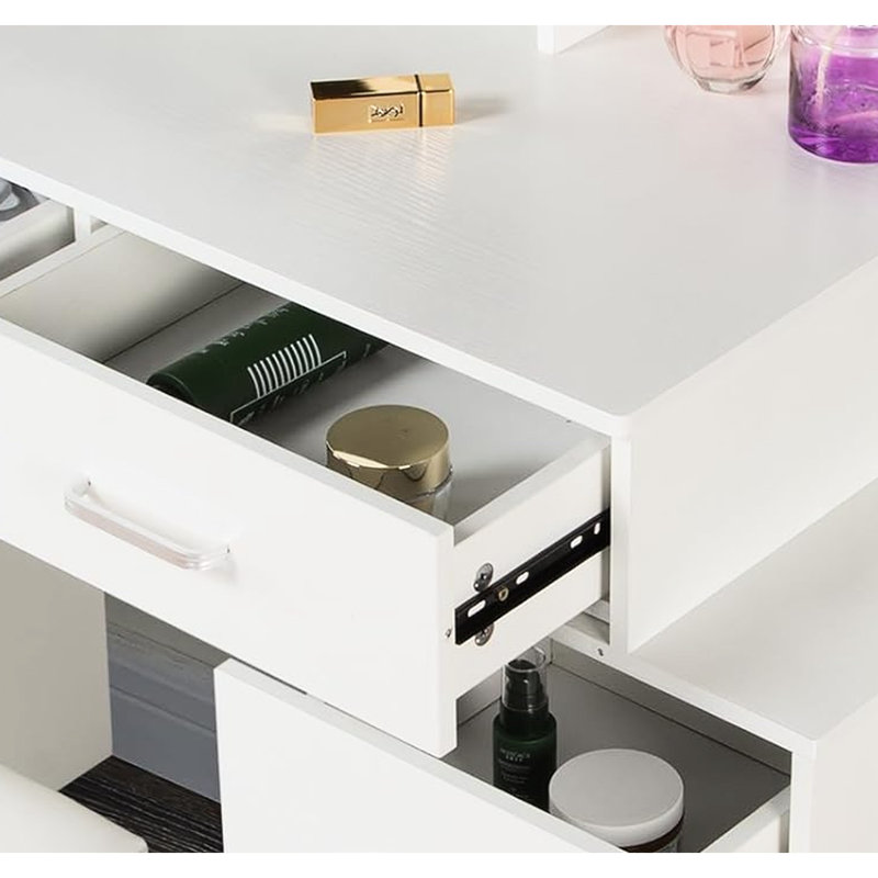 Coiffeuse moderne avec rangement de tiroir spacieux et espace de maquillage éclairé à DEL blanc mat