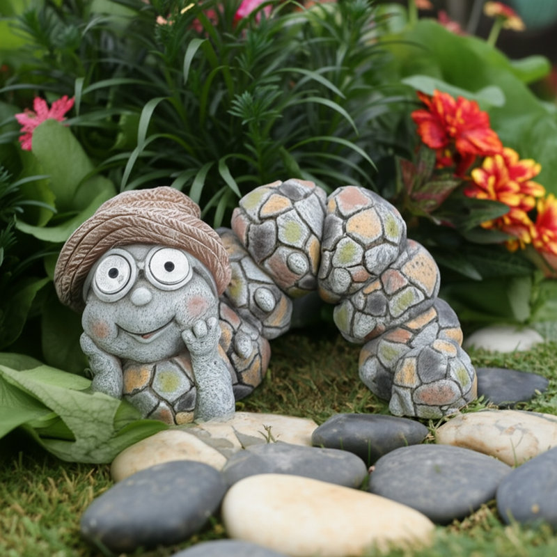Trinx 15" Grey Caterpillar With Sun Hat, Solar Eyes Garden Statuary