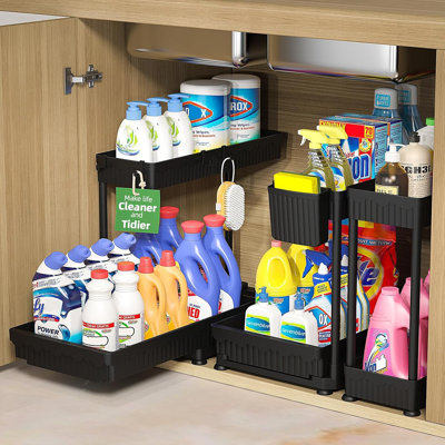 Under Sink Organizers 3-Pack – Black – Multi-Purpose L-Shaped Pull-Out Cabinet Storage With Hooks And Hanging Cup For Kitchen & Bathroom