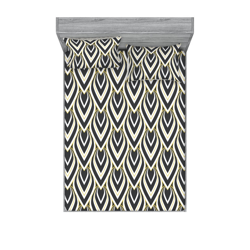 Ambesonne Fitted Sheet & Shams, Queen Sheet Set with 2 Pillowcases, Charcoal Gray/Mustard Abstract