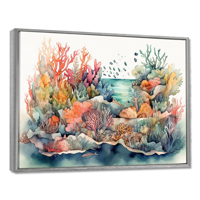 «Vibrant Coral Reef II - Modern Beach», reproduction sur toile encadrée, H 34 po x l 44 po x P 1,5 po, Encadrement argenté