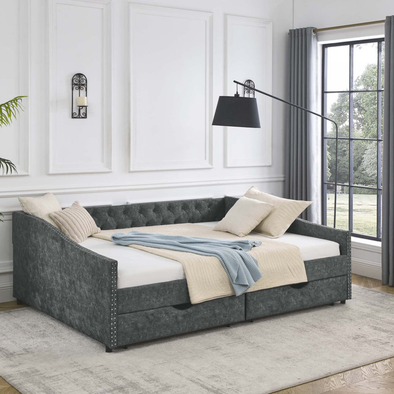 Daybed With Drawers Upholstered Tufted Sofa Bed, Gray, Queen