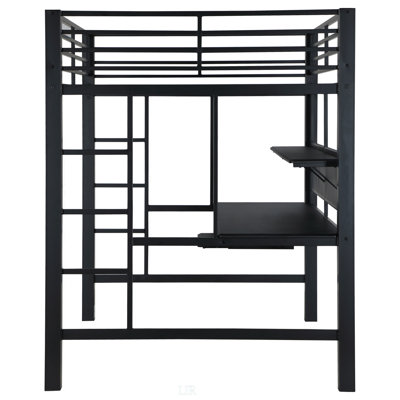 Ranier Black Full Workstation Loft Bed With Spacious Desktop And Storage, Ideal For Space-Efficient Living And Productivity.