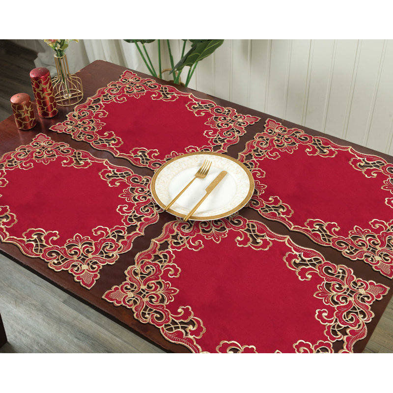 Onetha Elegant Table Runner and Placemats of Granada Collection for Stylish Valentines Placemats, Burgundy/Gold