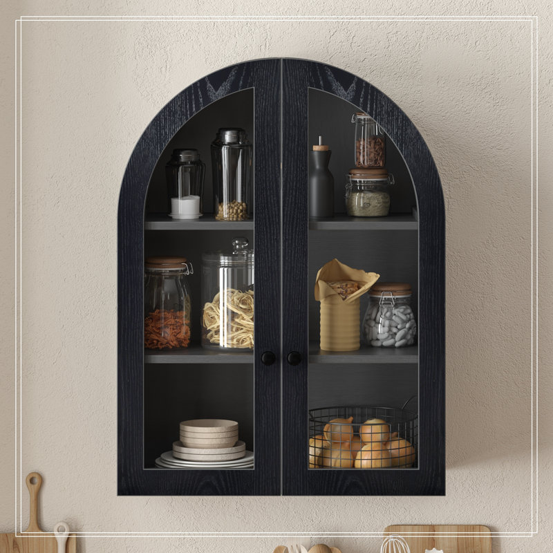 Châtelier mural arqué avec portes en verre trempé et étagère réglable, Black