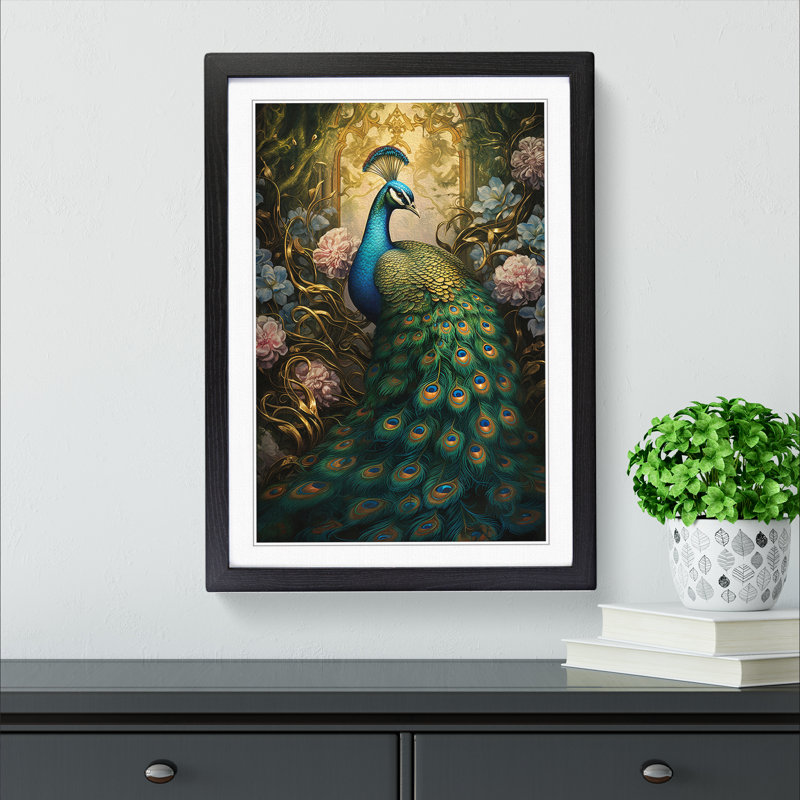Peacock Victorian - Single Picture Frame Print on Wood, Black Framed, 64cm H x 46cm W x 2cm D