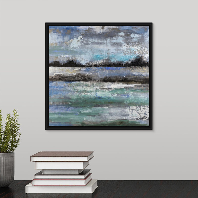 « lake ile », peinture sur toile, H 13,7 po x l 13,7 po x P 1,75 po, Cadre flottant noir