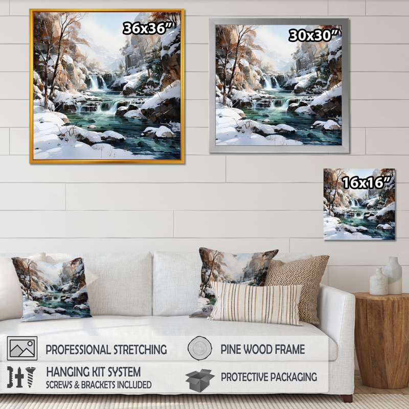 «Waterfall Charm In Winter II», reproduction sur toile, Cadre doré simple, H 24 po x l 24 po x P 1 po