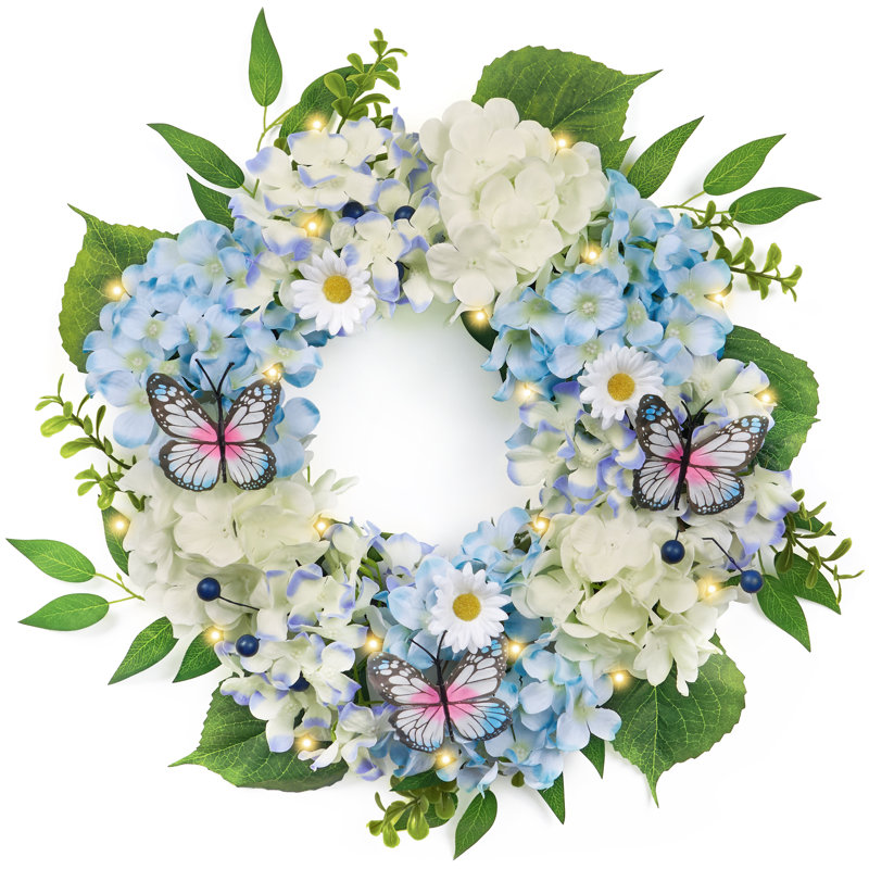  Couronnes de printemps pour la porte d'entrée avec lumières, hortensias en soie et fleurs d'eucalyptus papillon pour la maison