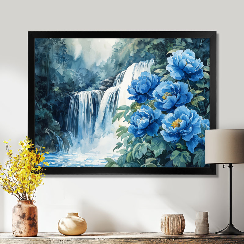 Peonies By The Waterfall V - Peonies Framed Canvas Print Wall Art, 30" H x 40" W, Single Picture Framed Print, Black