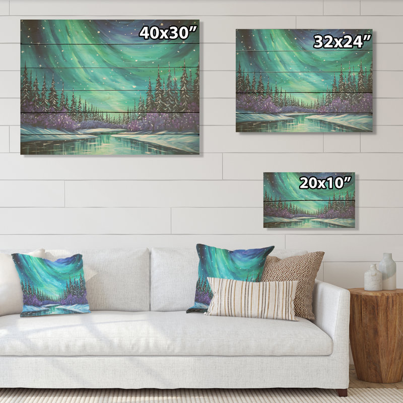 «Green Northern Lights Winter Charm I», art sur bois de pin naturel, H 30 po x l 40 po