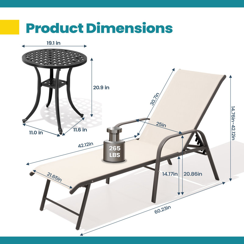 Aluminum Outdoor Chaise Lounge with Round Table, Light Beige