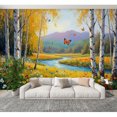 Papier peint auto-adhésif paysage d'automne bouleaux rivière qui coule champ de papillons muraux colorés H 100 po x l 144 po amovible papier mural en PVC auto-adhésif pour chambre à coucher salon bureau à domicile