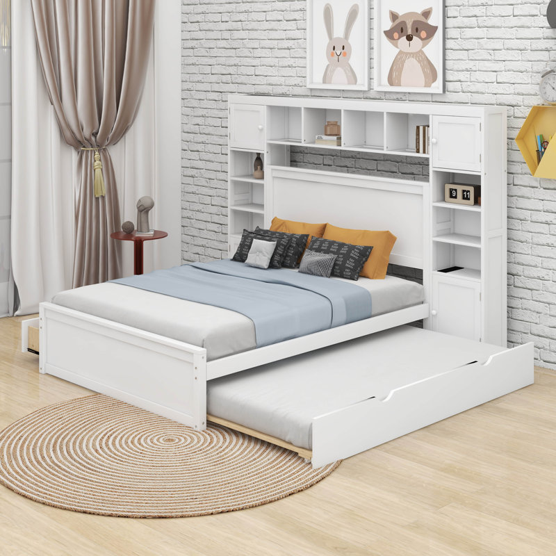 Lit double en bois avec armoire, tablette et prises, lit gigogne simple