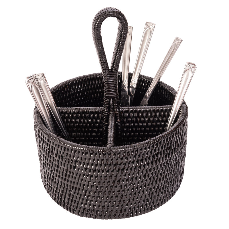 Fahy Wicker Round Flatware Caddy, Tudor Black