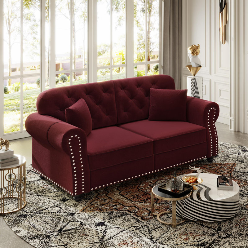 63" Velvet Upholstered Chesterfield Sofa Rolled-Arm Loveseat Couch with 2 Pillows, Burgundy
