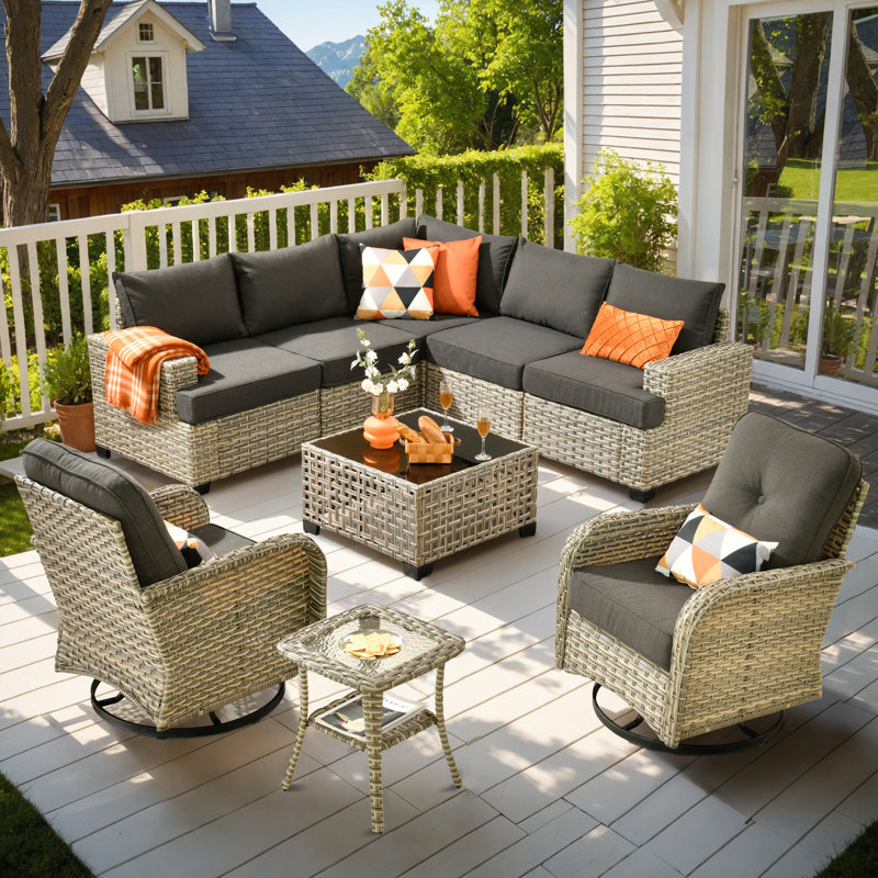 Ensemble de conversation modulaire en rotin avec coussins Wahkon pour 7 personnes avec table basse éclairée et chaises pivotantes