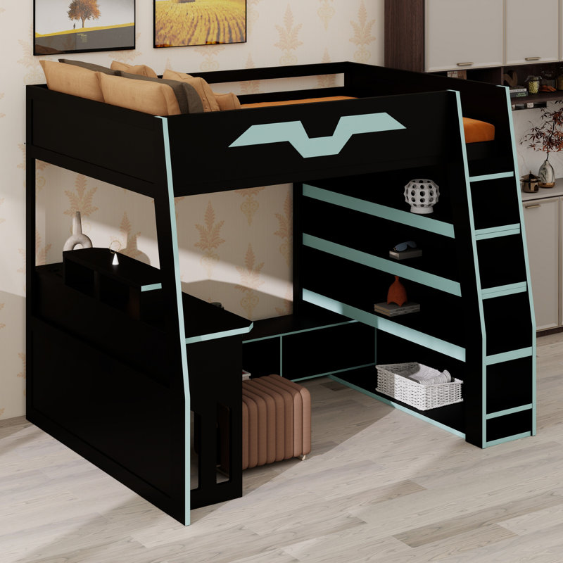 Lit mezzanine multifonctionnel avec bureau, grandes tablettes de rangement, Cloud Blue