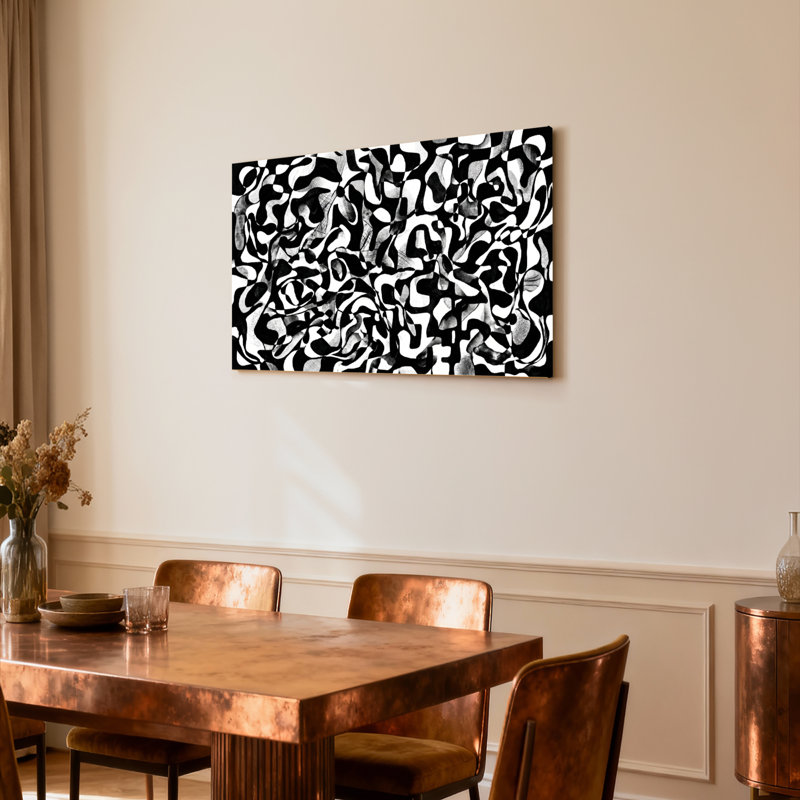 Abstrait noir et blanc sur toile tendue, reproduction d'art sur toile, ensemble de 1, H 20 po x l 30 po