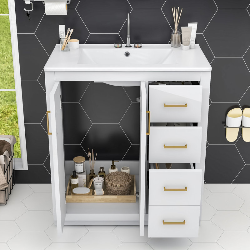 Whittier Wood Single Bathroom Vanity with Ceramic Sink, Cabinet and Storage Drawers, Gold, White