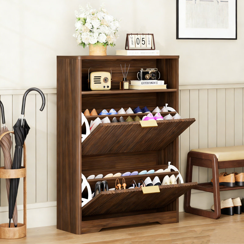 Shoe Cabinet Storage For Entryway Hidden Shoes Storage Cabinet With 2 Flip Drawers, Dark Natural