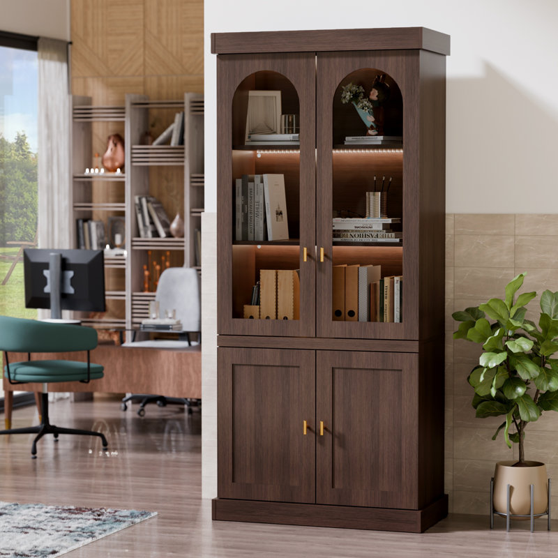 Elegant Wooden Display Cabinet With Glass Doors, Multi-Function Storage With LED Lighting, Large Capacity & Waterproof Finish