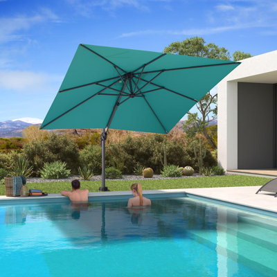 8' X 8' Patio Blue Umbrella with In-ground Base for Pool 7' High Offset Outdoor Cantilever Blue Umbrella Swimming Pool with 360°Rotation for Poolside