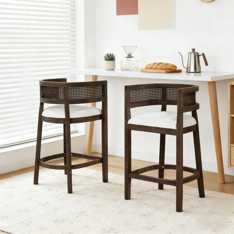 Wood And Rattan Upholstered Arm Counter Stools, Beige,Natural,Oak