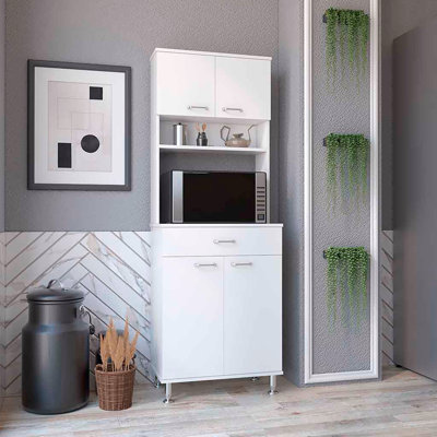 Armoire garde-manger H 67 po, quatre portes, un tiroir, trois tablettes internes, 2 tablettes de rangement externes, option de rangement pour micro-ondes, quatre pieds