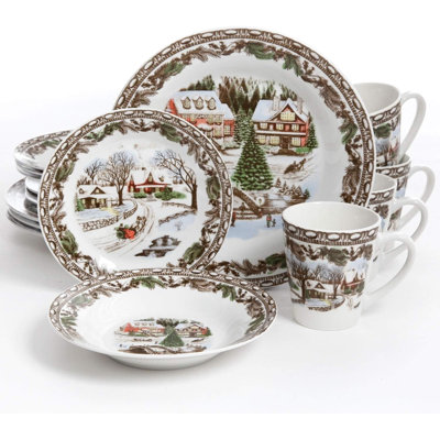 Gibson Christmas Toile 16 Piece Dinnerware Set