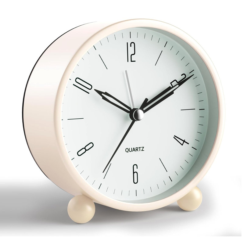 4 inch Silent Non Ticking Small Clock with Night Light, Analog Alarm Clock, White