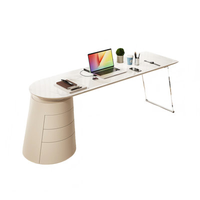 55.12"Coffee Color Half-circle Sintered Stone Solid Wood Writing Desk,3-drawer