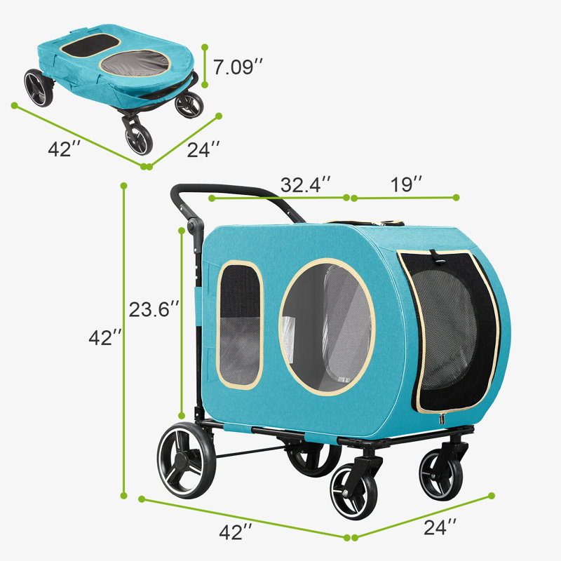 Poussette améliorée 2025 pour chiens de grande taille et de taille moyenne Str Poussette pour animaux de compagnie pour 2 petits chiens, chariot pliant avec support amovible pour siège d'auto, poignée réglable, jusqu'à 90 lb, bleu