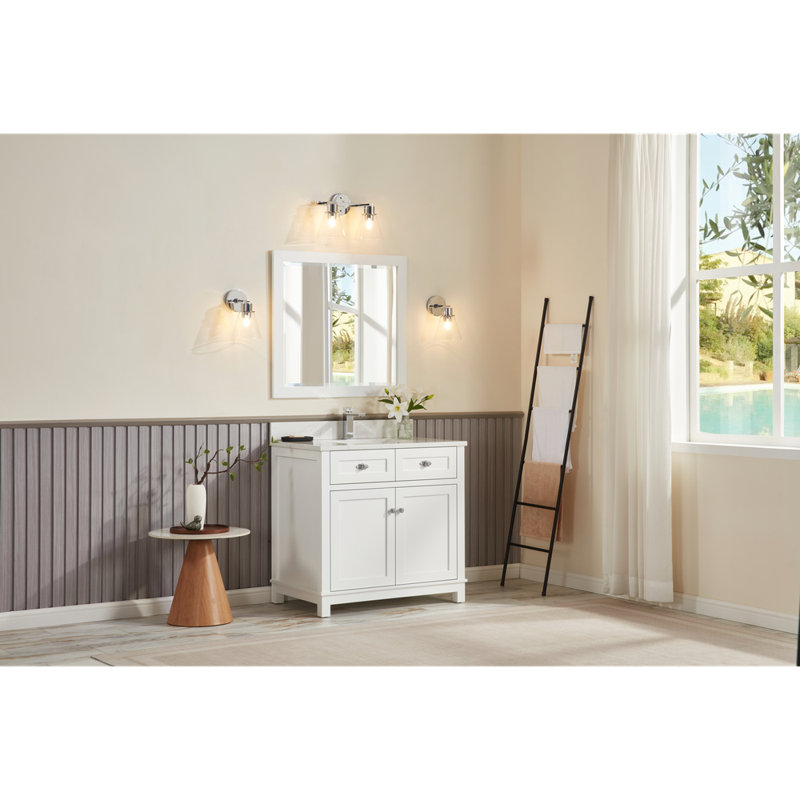 36" Solid Wood Sink Vanity With 1' Artificial Stone Top, White, Polished Chrome