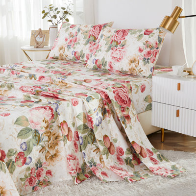 Ensemble de literie 4 pièces 800 fils 100 % coton égyptien (1 drap-housse + 1 drap plat + 2 taies d'oreiller, sans garniture), motif floral vintage luxueux, doux, respirant et agréable au toucher, idéal pour la chambre à coucher, la chambre d'amis ou le dortoir étudiant, en toutes saisons.