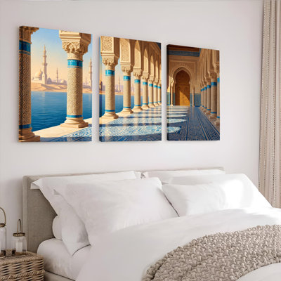 Moroccan Archway And Mosque View Canvas Wrapped Wall Art Oil Painting Print Set Of 3