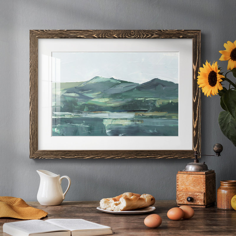 Montagnes vertes et grises II - Tableau encadré sous verre acrylique, grand format, idéal pour le salon, Noyer