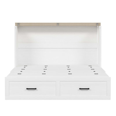 Farmhouse Murphy Cabinet Bed With Charging Station, Foldable Platform Bed With Large Storage Drawer For Guest-Room, Small Bedroom
