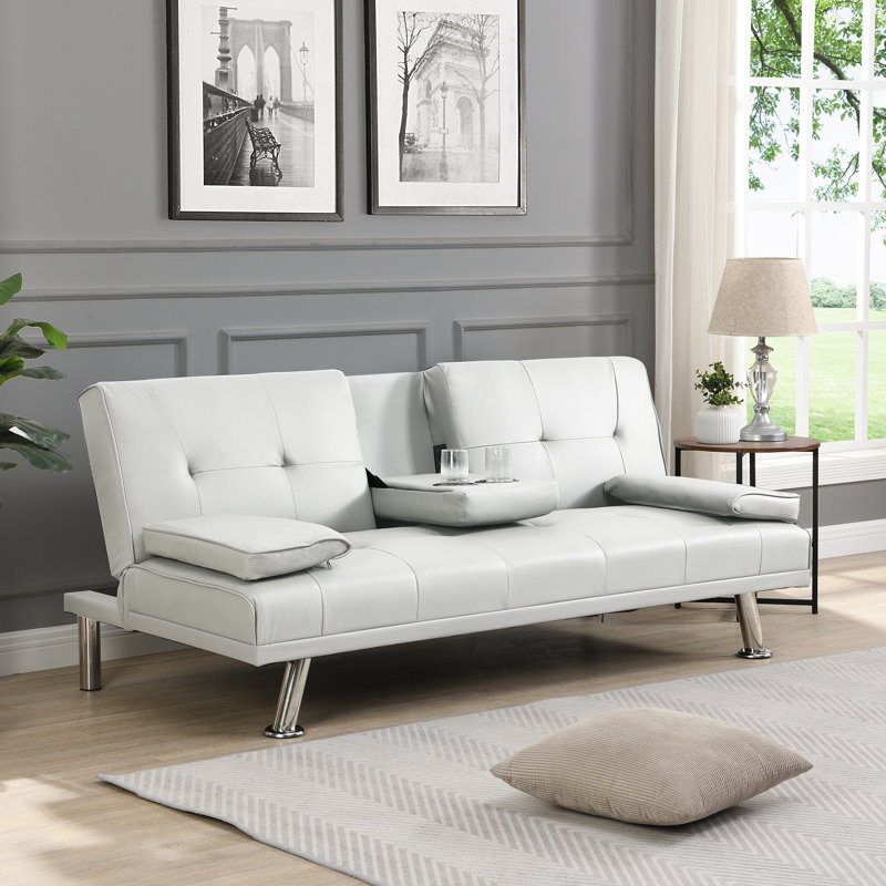 Sofa Bed With Armrest Two Holders Wood Frame, Stainless Leg, Futon White Pvc, White
