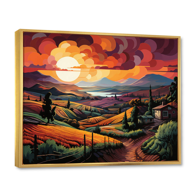 " Vineyard Sunset Rows Of Ruby Landscape III ", 24" H x 32" W x 1" D, Gold Floater Frame