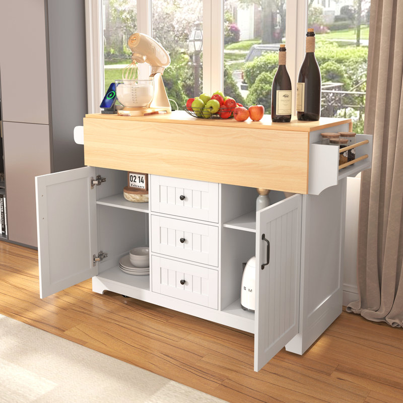 55.7'' Large Kitchen Island With 2 Drop Leaf,, Rolling Kitchen Cart On 5 Wheels With Power Outlet, Folding Storage Dining Table With Spice & Towel Rack , 3 Drawers, For Kitchen, Dining Room