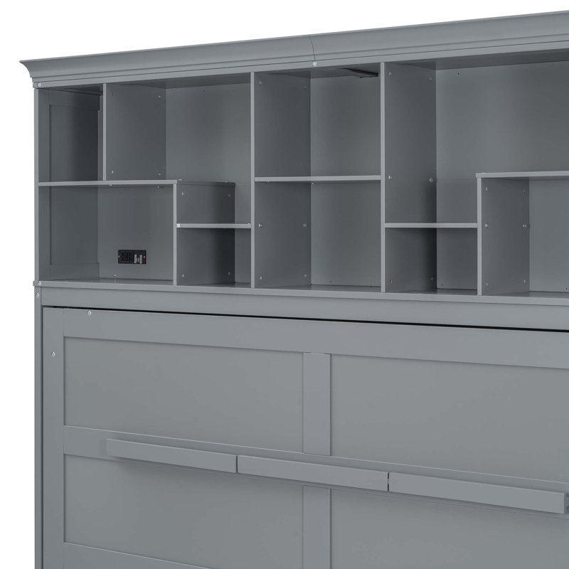 Grand lit escamotable mural avec tablettes supérieures et USB, Gris